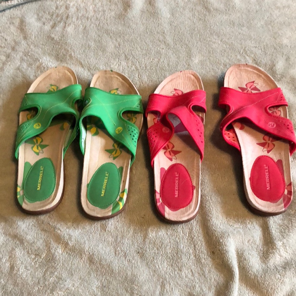 Merrill sandals. Green and pink size 9